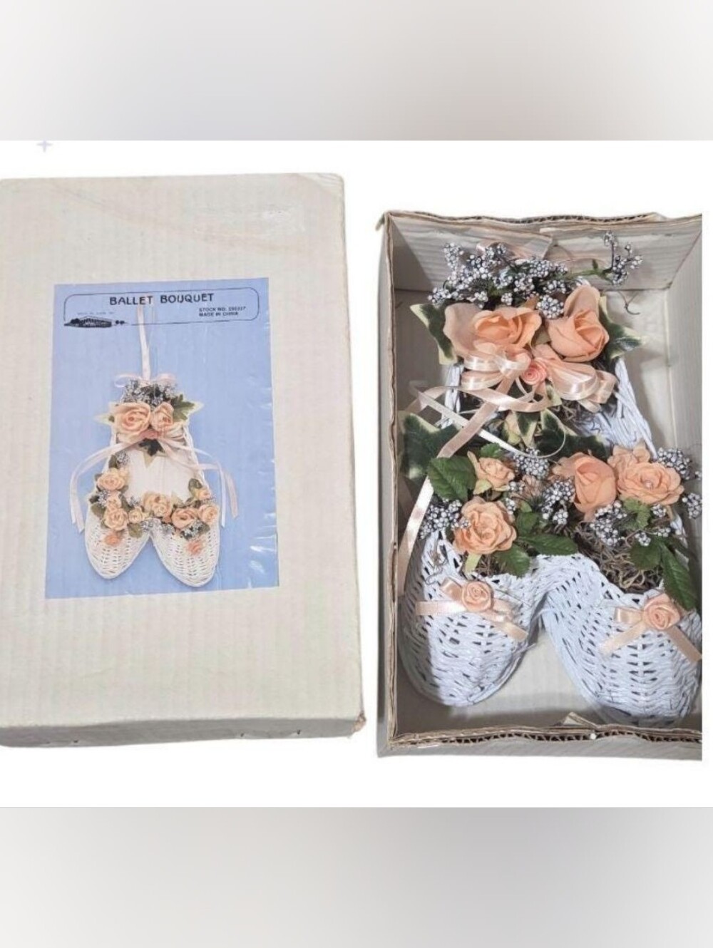 90s Wicker Floral Ballet Bouquet White Wicker Pointe Ballet Wall Accent New Vtg